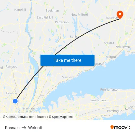 Passaic to Wolcott map