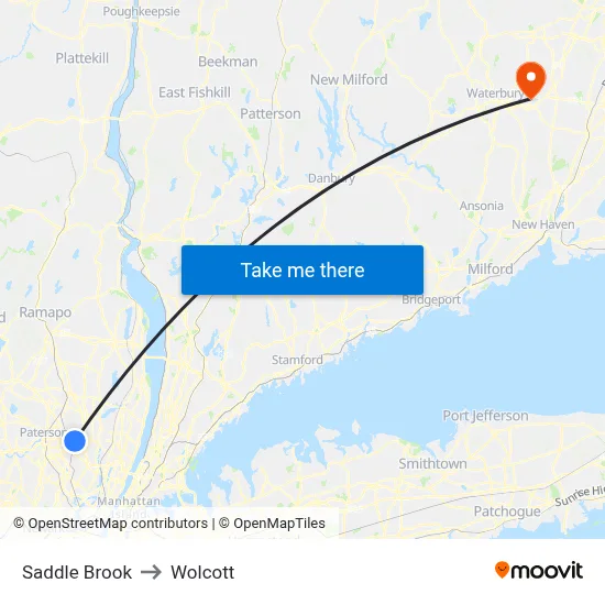 Saddle Brook to Wolcott map