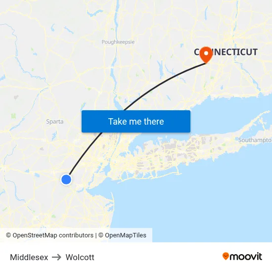 Middlesex to Wolcott map