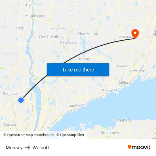 Monsey to Wolcott map