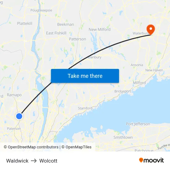 Waldwick to Wolcott map