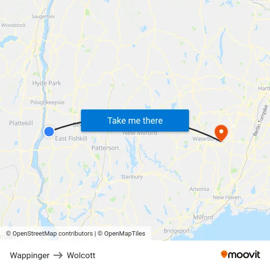 Wappinger to Wolcott map