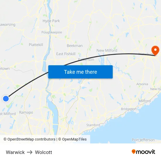 Warwick to Wolcott map