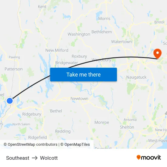 Southeast to Wolcott map