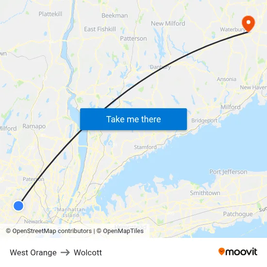 West Orange to Wolcott map