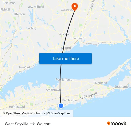 West Sayville to Wolcott map