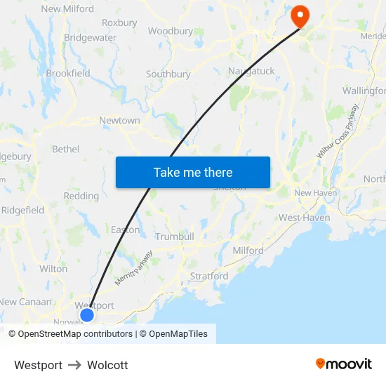 Westport to Wolcott map