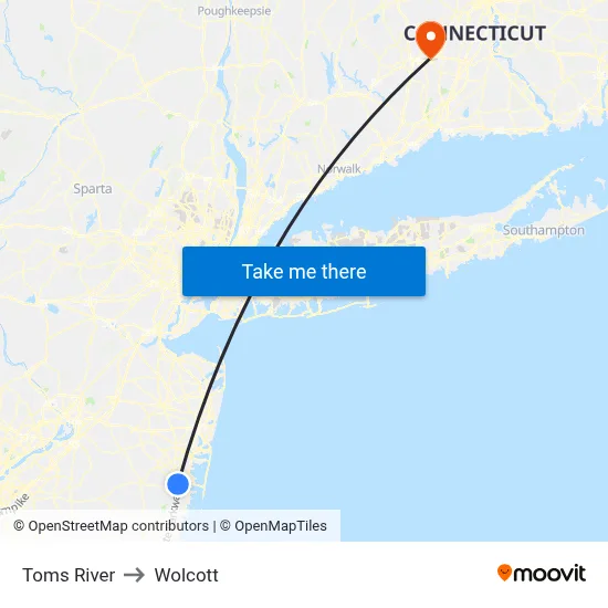 Toms River to Wolcott map