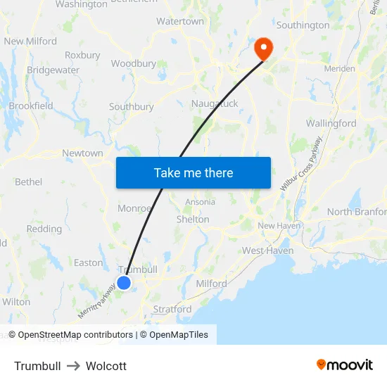 Trumbull to Wolcott map
