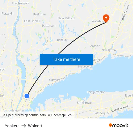 Yonkers to Wolcott map