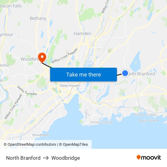 North Branford to Woodbridge map