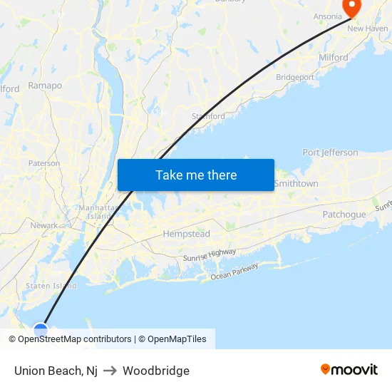 Union Beach to Woodbridge map