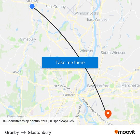 Granby to Glastonbury map