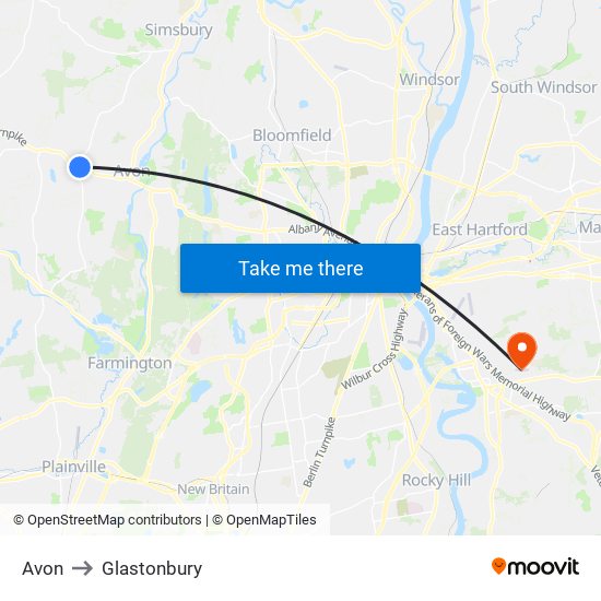 Avon to Glastonbury map