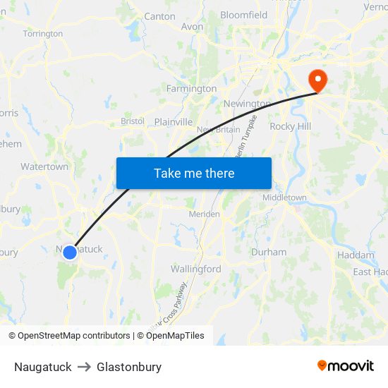 Naugatuck to Glastonbury map