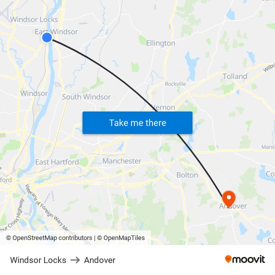 Windsor Locks to Andover map