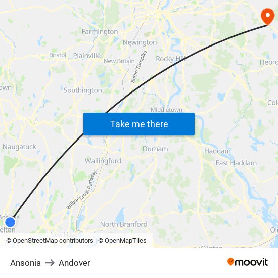 Ansonia to Andover map