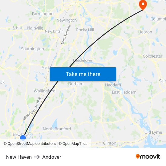 New Haven to Andover map