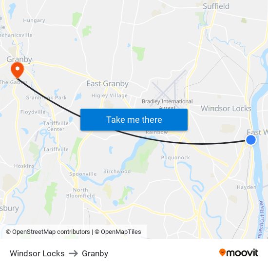Windsor Locks to Granby map
