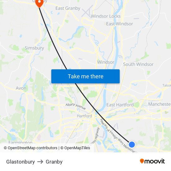 Glastonbury to Granby map