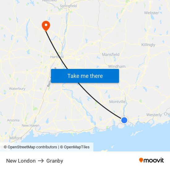 New London to Granby map