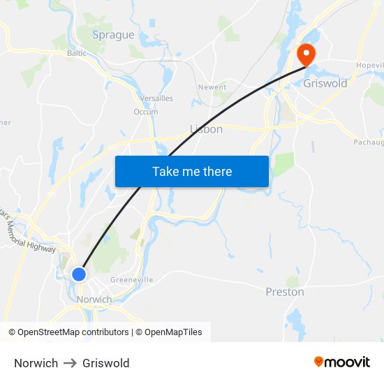 Norwich to Griswold map