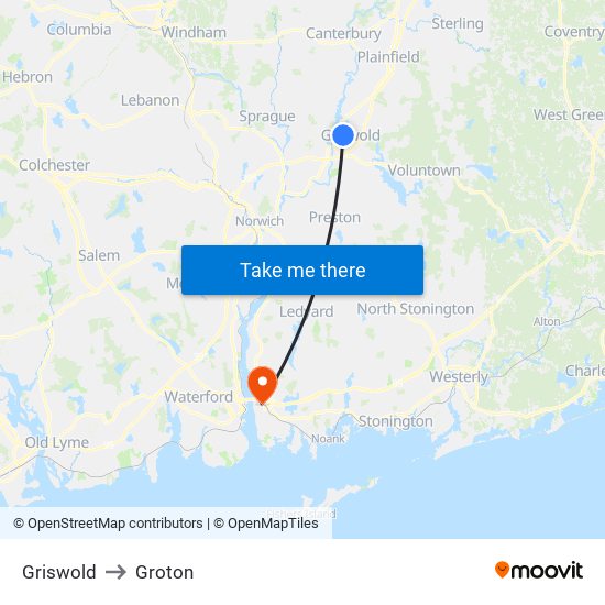 Griswold to Groton map