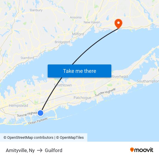 Amityville, Ny to Guilford map