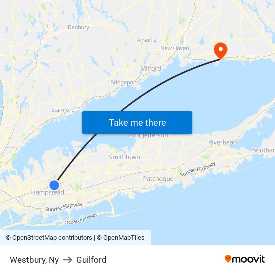 Westbury, Ny to Guilford map