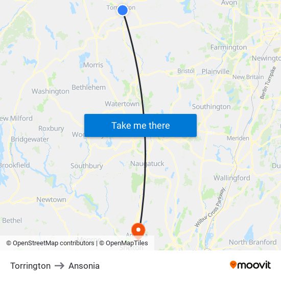 Torrington to Ansonia map