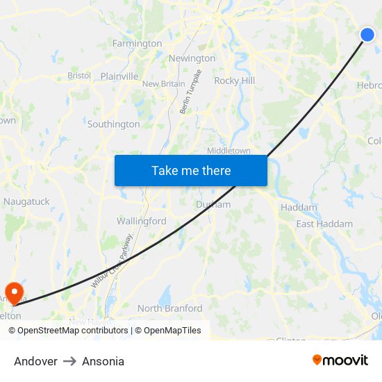 Andover to Ansonia map