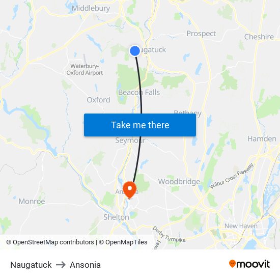 Naugatuck to Ansonia map