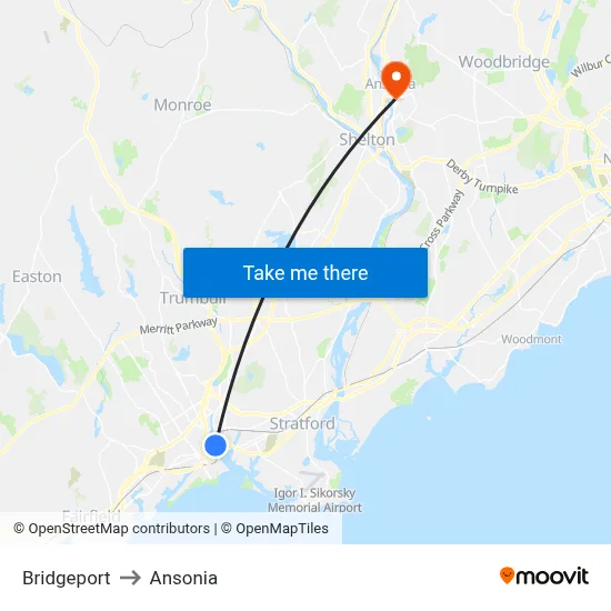 Bridgeport to Ansonia map