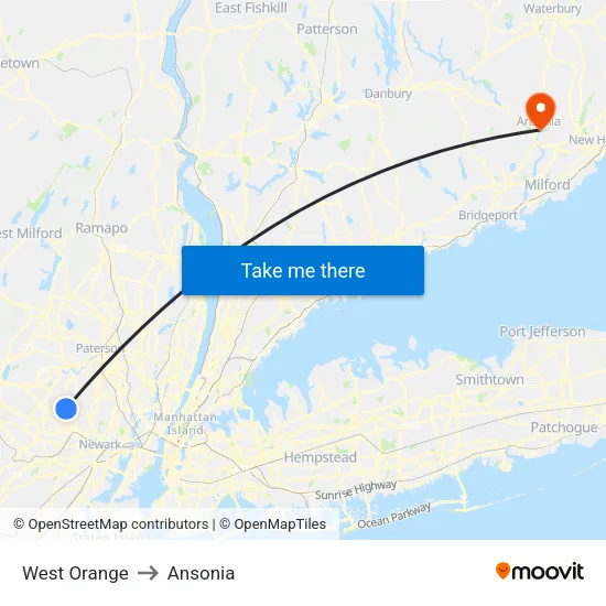 West Orange to Ansonia map