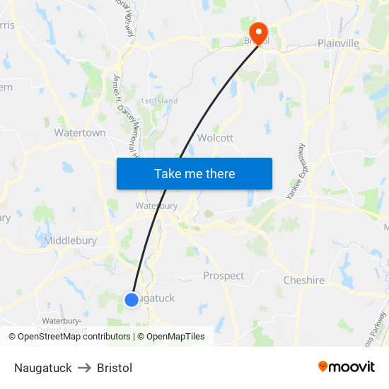 Naugatuck to Bristol map