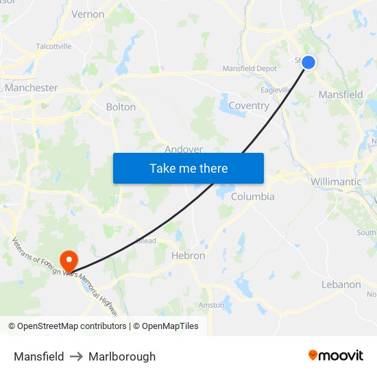 Mansfield to Marlborough map