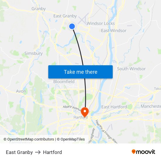 East Granby to Hartford map