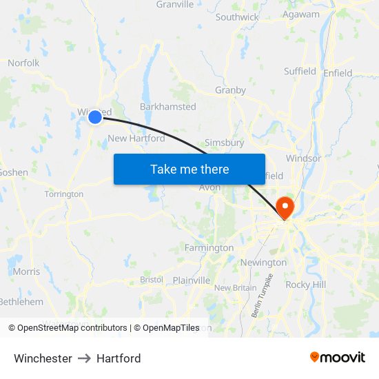 Winchester to Hartford map