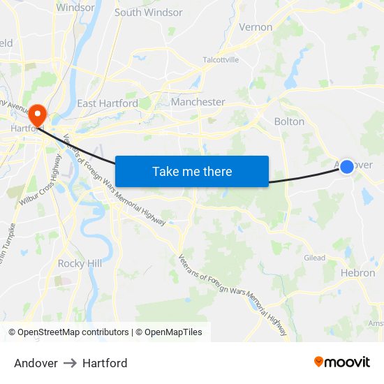 Andover to Hartford map