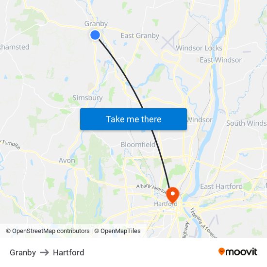 Granby to Hartford map