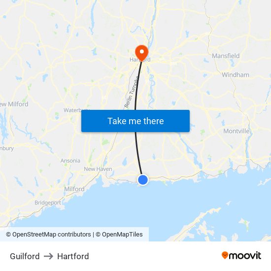 Guilford to Hartford map