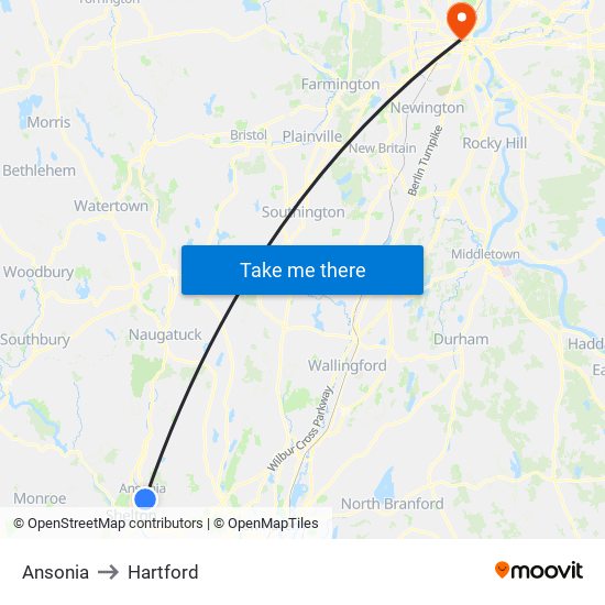 Ansonia to Hartford map