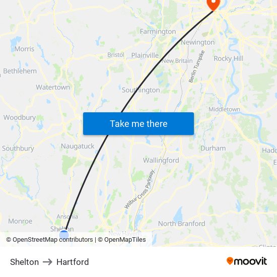 Shelton to Hartford map