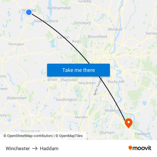 Winchester to Haddam map
