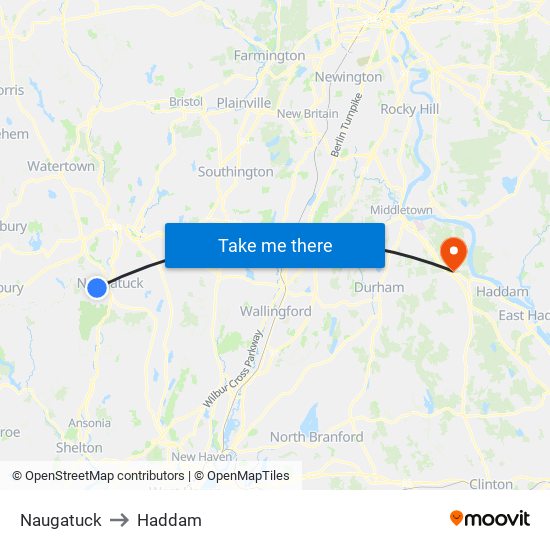 Naugatuck to Haddam map