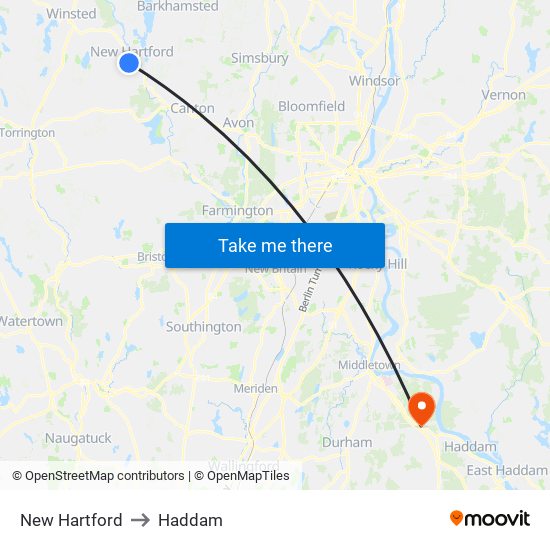 New Hartford to Haddam map