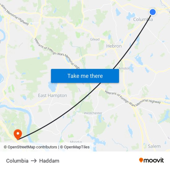 Columbia to Haddam map