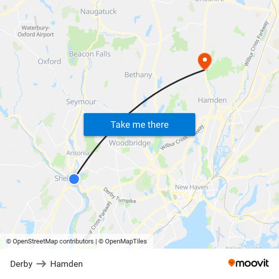 Derby to Hamden map