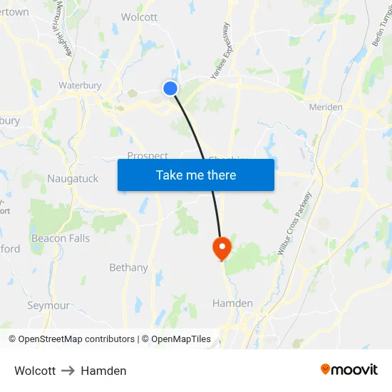 Wolcott to Hamden map