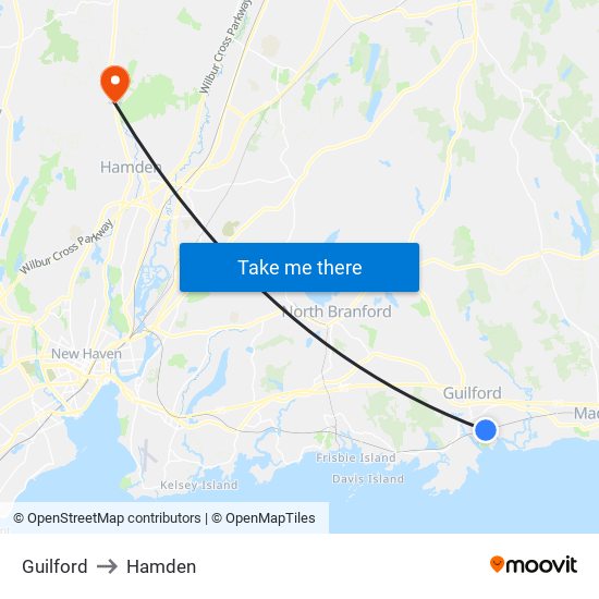 Guilford to Hamden map